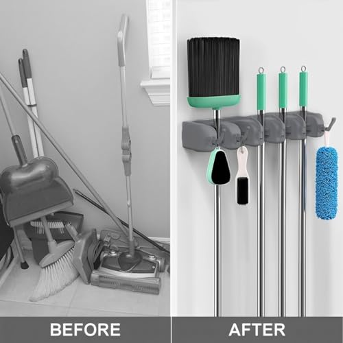Image of JD FRESH 1 Pcs Plastic Mop and Broom Holder Wall Mount with 5 Slot & 6 Hook, Anti Slip Heavy Duty Waterproof Broom Hanger Stand Organizer Tool Kitchen Home Garden Bathroom (Grey)
