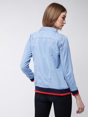 Image of Miss Chase Women's Polo Neck Full Sleeves Patch Pocket Denim Overcoat Knee-Length Jacket