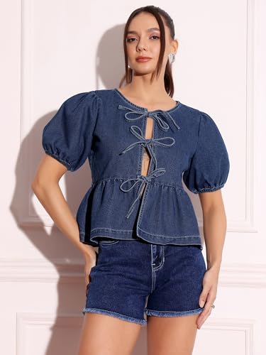 Image of Miss Chase Women's Round Neck Half Sleeves Cotton Lace and Pearl Detailing