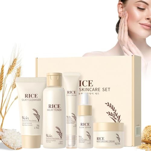 Riz Ensemble De Soins De La Peau,5PCS Coffret Soin Visage Voyage Femme,Contient Nettoyant Visage,Toner Au Riz,Crème Contour Des Yeux,Sérum,Crème Hydratante,Glow Riz Pour Nourrir Et Revitaliser Peau