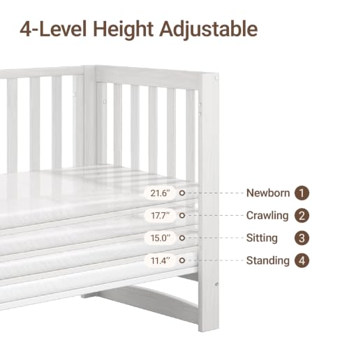 Image of MAMAZING EvoNest 6-in-1 Convertible Baby Mini Crib with Wheels | GREENGUARD Gold Certified, New Zealand Pine Wood, 4 Adjustable Heights, Rocking Mode, Small Spaces Design, White