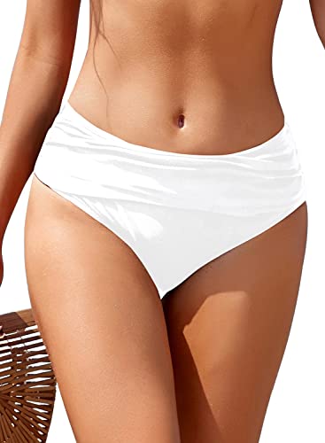 Shekini Women's Bikini Bottoms Ruched Black Swimsuit Tummy Control Swim Bottoms (Medium, Venice White) #TOP3