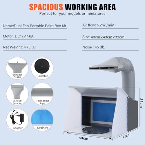Airbrush Spray Booth Fume Extractor & Bright Lighting, Craft Table Airbrush Booth Hobby & Pro Model Cake Nail Art Pottery & Crafts, Portable Painting Booth Turntable, - 2