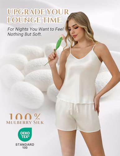 Image of THXSILK 100% Mulberry Silk Women Cami Pajama Set, Tank Top with Shorts Sleepwear, Adjustable Spaghetti Straps, Luxury Pj Set