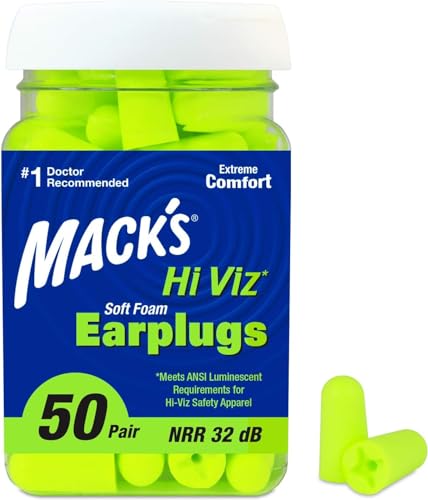 Mack’s Hi Viz Soft Foam Earplugs, 50 Pair – Most Visible Color, Easy Compliance Checks, 32dB High NRR – Comfortable, Safe Ear Plugs for Shop Work, Industrial Use, Motor Sports and Shooting