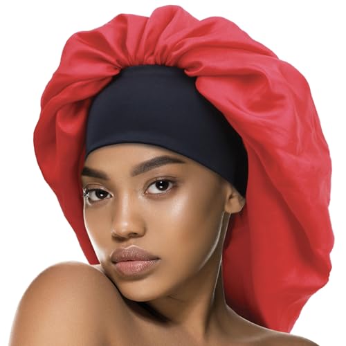 Bonnet en satin pour dormir Super Jumbo XX-Large Rouge à bords larges