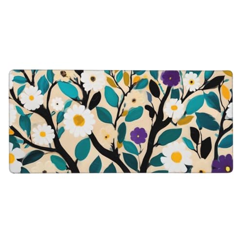 Grand mouse pad gamer blanc motif floral 1000x500 mm avec base caoutchouc stable