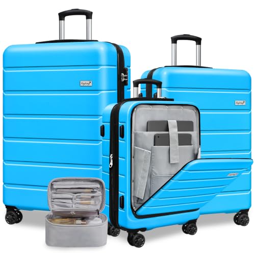 Image of KEYTANG SmileLine 3-Piece Luggage Set Lightweight Hardside Suitcase TSA Lock Spinner Wheels, 20 inch Expandable Carry-On Luggage with Quick Access Front Open Pocket, Bonus Makeup Bag,Blue