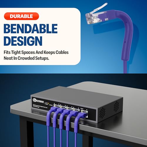 Image of Everest Ultra Slim Cat6a Ethernet Patch Cables 1.5ft (24-Pack) Purple | Bendable, Thin and Flexible