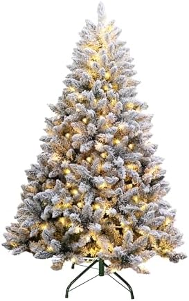 Pre-Lit Christmas Tree Artificial Snow Flocked Pine Tree Warm-Whi...