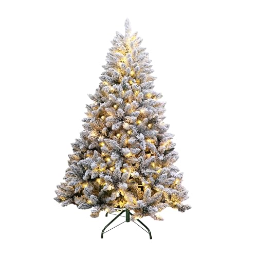 Pre-Lit Christmas Tree Artificial Snow Flocked Pine Tree Warm-White & Multicolored Lights, 8 Mode...