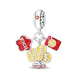 Dije colgante de plata de ley 925 con monedas de oro, bolsa de la suerte de esmalte rojo y circonitas cúbicas. Colgante de la suerte con la flor "RICH" para pulsera, collar o accesorios de ropa.