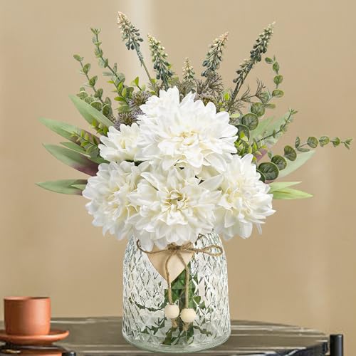 Der Rose Fake Flowers in Vase Silk Artificial White Flowers Arrangements with Glass Vase for Dinning Coffee Table Centerpieces Home Kitchen Farmhouse