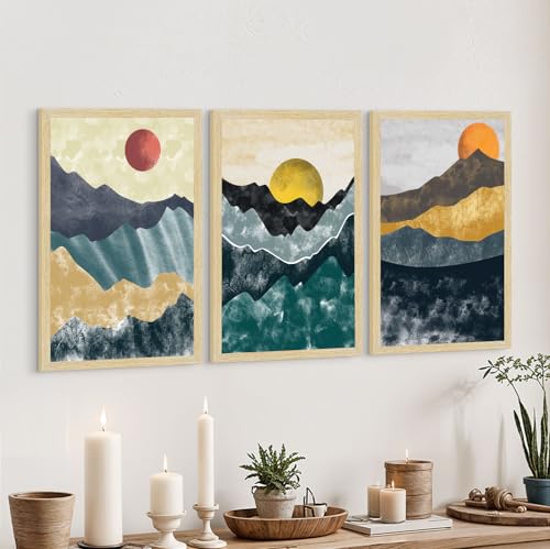 Image of ArtX Paper Modern Art Wall Painting For Living Room, Drawing Room Decoration Big Size, Sunrise Framed Painting for Wall Decoration, Wall Decor For Bedroom, Multicolor, 36.0 x 18.0 inches, Set Of 3