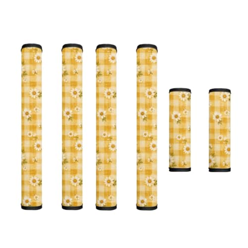Image of Fridge Door Handle Covers Set of 6 Kitchen Appliance Decor Handles Glove Anti-Slip Protectors Washable Fabric Refrigerator Decor Accessories, Yellow Plaid Daisy