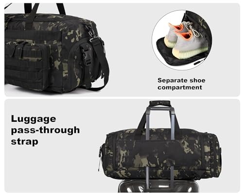 Image of LHI 50L Tactical Duffle Bag for Men, 3-in-1 Gym Duffle and Backpack, Shoe Compartment, Laptop Sleeve and MOLLE, Carry-On Travel Weekender and Overnight Bag - Black CP Camo