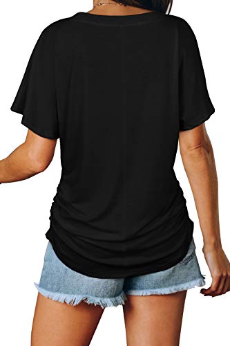 Image of WIHOLL Womens Summer T-Shirts Short Sleeve V Neck Dolman Tops with Side Shirring Loose Fit Shirts Spring Fashion