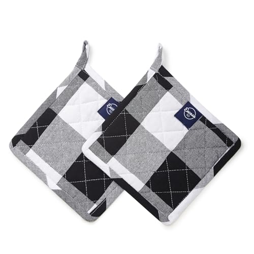 Image of Encasa XO Oven Microwave Pot Holders Trivets 21 cm (2 pc) for Kitchen Cooking & Baking - Heat Resistant, Thick & Safe, Protection of Hands from Hot Utensils, Grill, BBQ - Buffalo Black Checks