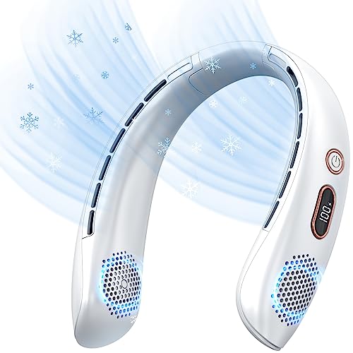 VEKK Ventilateur de cou portable sans pales - Batterie 6000 mAh rechargeable par USB - Affichage LED - Refroidissement à 360° - 3 vitesses - Silencieux - Mains libres - Pour voyage, extérieur, camping
