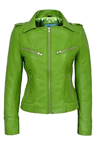 Rider Ladies Lime Green Biker Motorcycle Style Soft Real Nappa Leather Jacket (UK 22 / US 18)