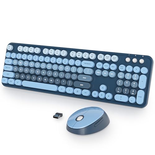Image of Fogruaden Blue Keyboard and Mouse Wireless, Retro Typewriter Keyboard, 2.4GHz 104 Keys Full Size Cute Keyboard with Number Pad, Gradient Colorful Round Keycaps for Windows PC Desktops Laptop