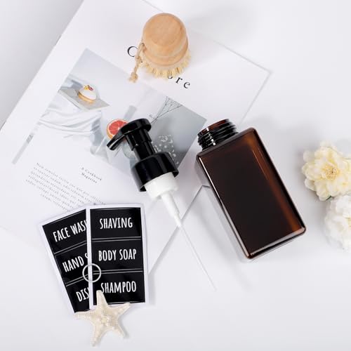 Image of Segbeauty 15.2oz Amber Plastic Refillable Foaming Soap Dispenser Pump Bottle for Bathroom, 4pcs Empty Shampoo Foamer Bottle with Foaming Pump, 450ml Square Kitchen Liquid Soap Dispenser with Labels
