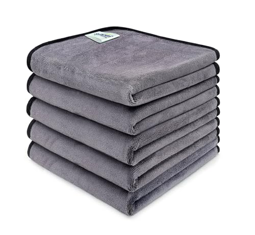 Image of SOFTSPUN Microfiber Super Absorbent Cloth 500 GSM 40X40 cms Pack of 5 Grey! Silk Banded Edge Towel Set Extra Thick Microfiber Cleaning Cloths Perfect for Bike Auto Cars Both Interior and Exterior.