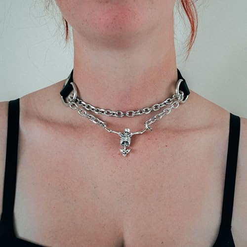 Gothic Skull Choker Necklace For Women, Halloween Skeleton Pendant Slip Chain Necklace with Adjustable Vegan Leather Buckle4