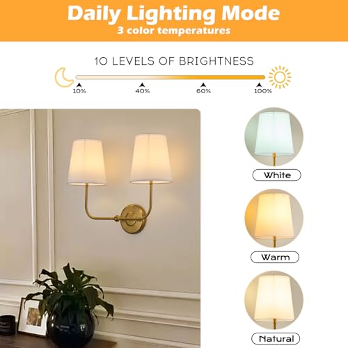 Image of PASSICA DECOR Vintage Gold 2-Light Battery Operated Double Wall Sconce with Dual Head Dimmable Wireless Sconces with Remote Control Indoor Wall Lamps for Bedroom Living Room Hallway