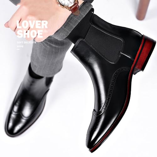 Image of Men's Leather Wingtip Carving Dress Oxford Boots Fashion British Style Pointed Toe Elastic Band Slip On Chelsea Boots Casual Business Formal Ankle Boots