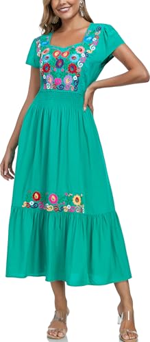 Image of Women's Summer Maxi Dress Casual Floral Embroidered Round Neck Short Sleeve Ruffle Tiered Dress Flowy Boho Beach Sundress