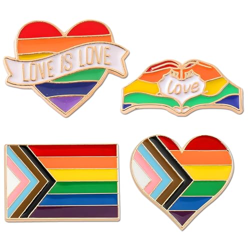 4Pcs Rainbow Pride Pin Badges Progress Pride Heart Love Is Love LGBTQ+ Lapel Pins Bisexual Gay Dress Accessory for Pride Parade Celebration Supplies