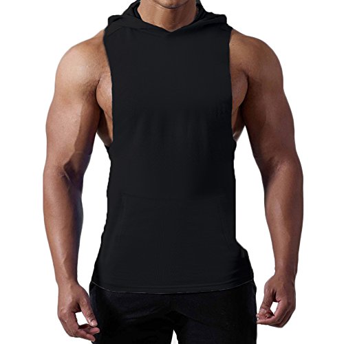 Magiftbox Mens Workout Hooded Tank Tops Sleeveless Gym Hoodies with Kanga Pocket – Cool and Muscle Cut T187_Black_US-L/Asian XL