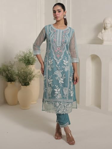 Image of INDO ERA Women's Organza Floral Embroidered Straight Kurta & Pant with Dupatta Set (IESTR10756)
