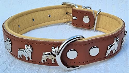 Bully Französische Bulldogge Frenchie Halsband - Halsumfang 30-39cm/30mm, 32-44cm/30mm, 36-49cm/30mm Leder Cognac Beige (3. Halsumfang 36-49cm/30mm/55cm)
