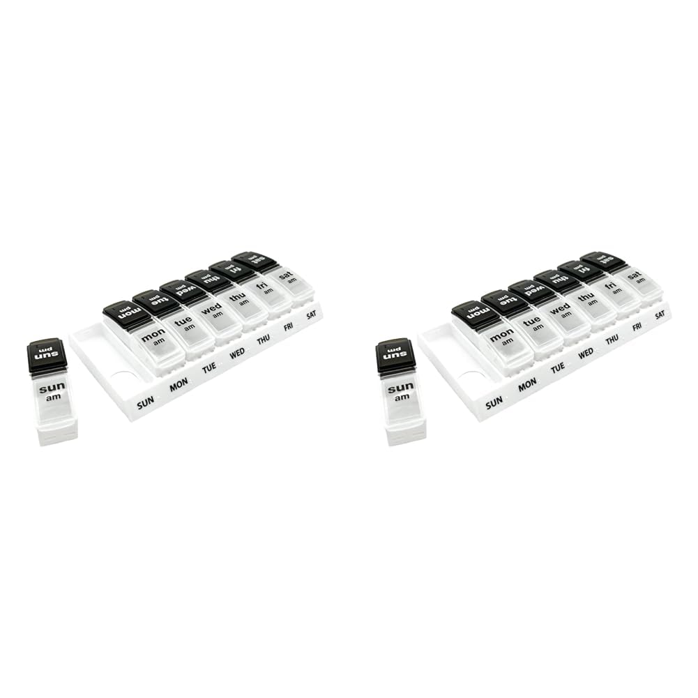 EZY DOSE Weekly (7-Day) AM/PM Pill Case, Medicine Planner, Vitamin Organizer, Small Pop-Out Compartments, 2 Times a Day, Black and Clear Lids (Pack of 2)