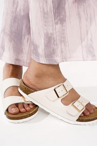 Image of Project Cloud 100% Genuine Leather Flat Sandals For Women 2026 Cork Footbed Womens Sandals with Memory Foam and arch support Vacation Essentials Slides for Women Footwear (Venita)
