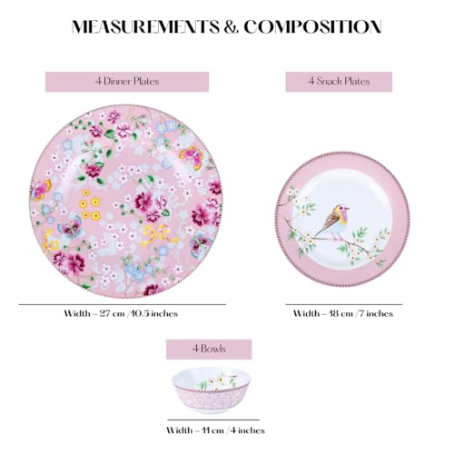 Image of GOLDEN QUEEN'S Handcrafted 12 Pieces Dinner Set | 4 Dinner Plates, 4 Small Bowls & 4 Snack Plates | Perfect for Hosting Guests and Daily Meals - Birdie in Pink Dinnerware