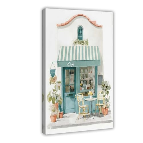 Cadeau décoration chambre poster toile auvent rayé vert paysage de café extérieur