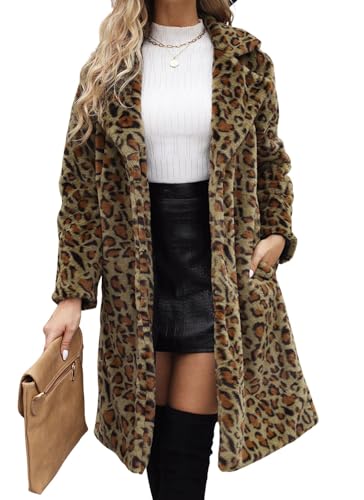 loveimgs Women Long Faux Fur Jacket Warm Coat Leopard Fluffy Open Front Cardigan Fuzzy Teddy Coat Winter Overcoat