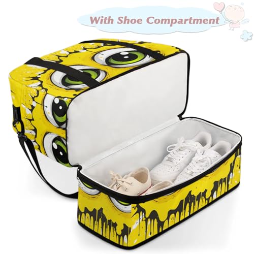 Large Weekender Overnight Bags Yellow Strange Eyes Travel Duffel Bag for Women Men Gym Bag With Shoe Compartment Foldie Travel Tote Bag Carry On Personal Item Bag for Travel Gym Sports3
