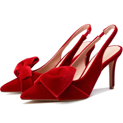 Image of Women's Slingback Heels with Bow Pointed Toe Pumps with Elasticated Strap 3.3 inch High Heels for Evening Dress Shoes