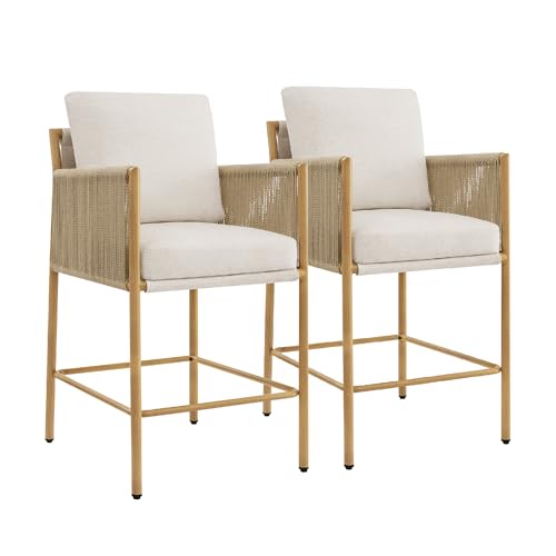 Image of CHITA Boho Rope Counter Height Bar Stools Set of 2, Modern Upholstered Bar Stools with Handwoven Rope Armrests, Metal Frame with Wood-Grain Finish, 26.4 inch Seat Height, Cream