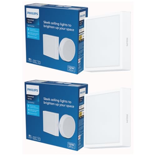 Philips 12 Watt Square Slim Surface Ceiling Light | LED Downlighter for Both Normal & False Ceiling | Colour : Cool Day Light, Pack of 2