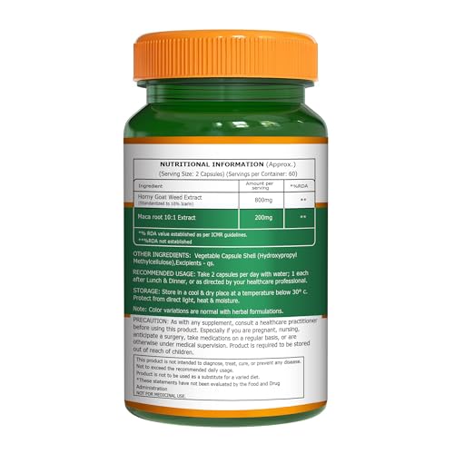 Image of Pure Nutrition Horny Goat Weed with Maca Root Extract 1000mg | Horny Goat Weed for Men Capsule Supports Energy, Stamina, Bone & Hormonal Health - 120 Veg Capsules