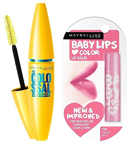 Image of Maybelline New York Baby Lips Lip Balm, Pink Lolita, 4g and Maybelline New York Volume Express Colossal Masacara, Waterproof, Black, 10g