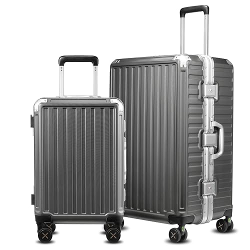 Luggage Sets with Spinner Wheels, 8010S Aluminum Frame Zipperless Polycarbonate Hard Shell Suitcase Sets (ZX-Core, Charcoal Metallic, 2 Piece (20/28))