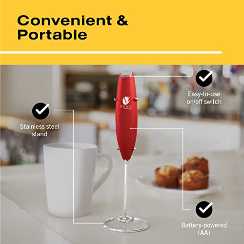 Bean Envy Milk Frother for Coffee - Handheld, Mini Electric Drink Mixer, Foamer & Frother with Stand for Coffee, Lattes, Hot Chocolates and Shakes - Red