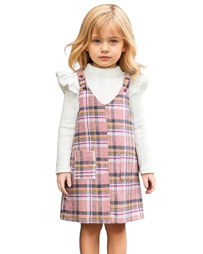 6T Toddler Little Girl V Neck Corduroy Pinafore Overall Jumper Dress Turtleneck Long Sleeve T-Shirt and Plaid Dresses Set 2 Pieces Fall Winter Outfits Size 6 Spring Clothes, 6-7 Years, Pink