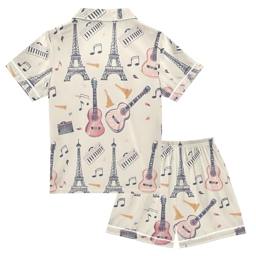 Paris Tower Guitar Music Pajamas Set Summer Button Down Sleepwear Pjs Sets Comfy Loungewear2